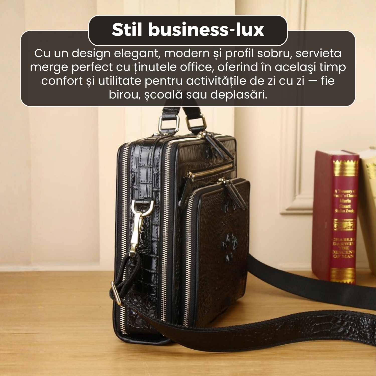 Servieta business din piele naturala, model premium, design elegant, dimensiuni 32x25x8 cm, compartimente multiple, curea reglabila, negru lucios