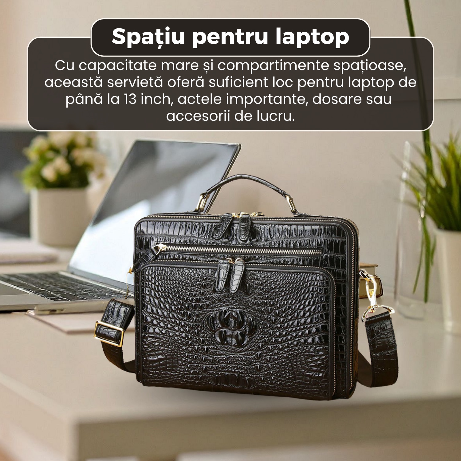 Servieta business din piele naturala, model premium, design elegant, dimensiuni 32x25x8 cm, compartimente multiple, curea reglabila, negru lucios