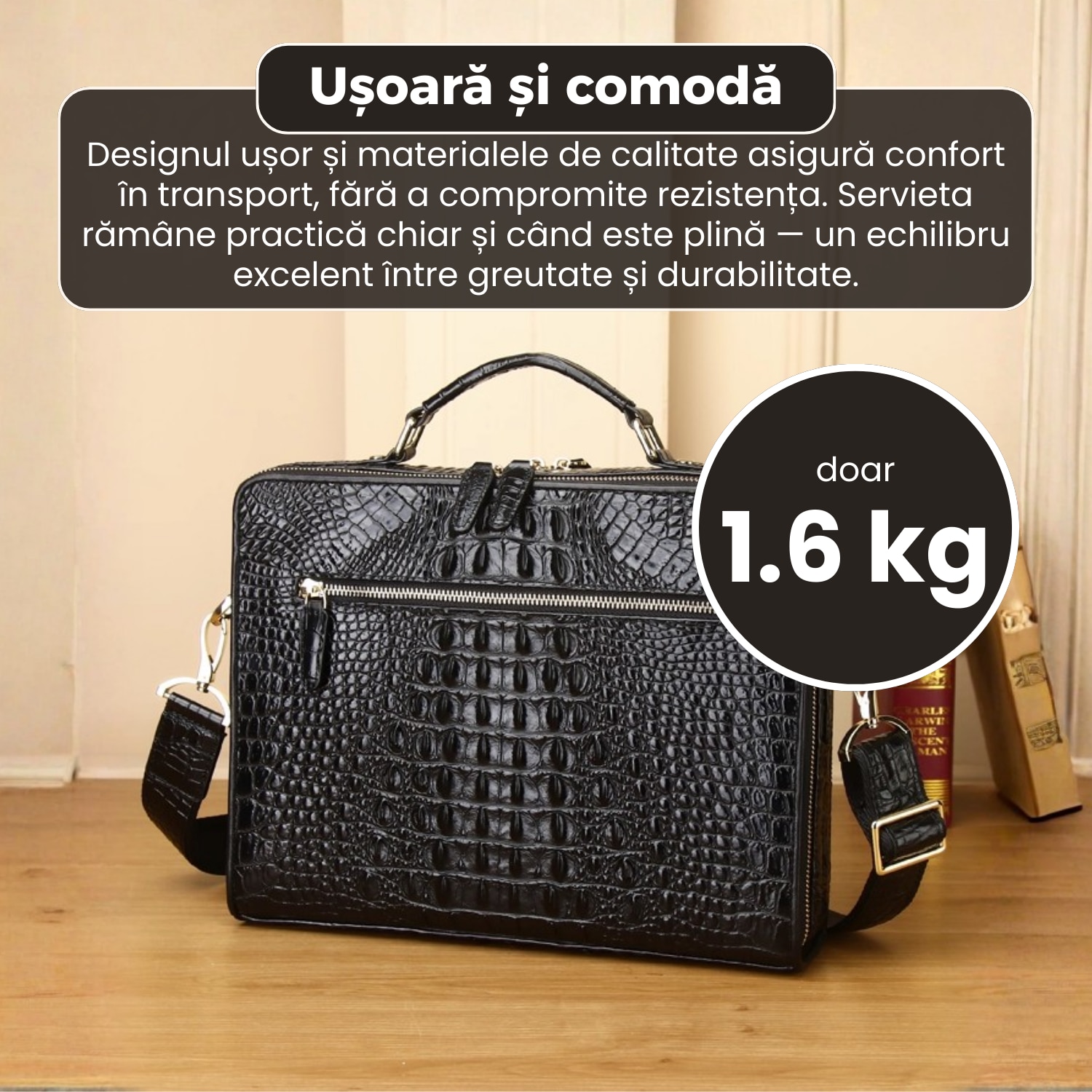 Servieta business din piele naturala, model premium, design elegant, dimensiuni 32x25x8 cm, compartimente multiple, curea reglabila, negru lucios