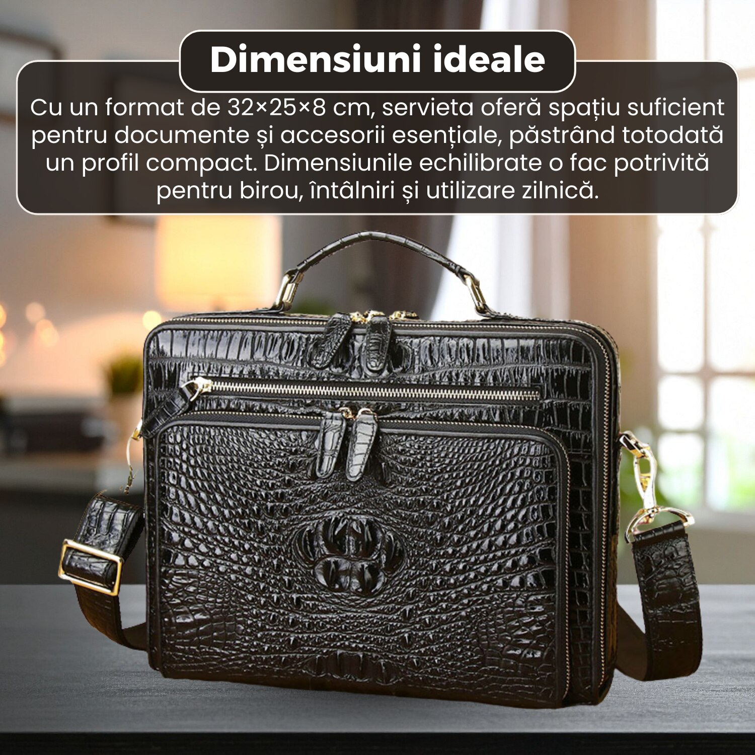 Servieta business din piele naturala, model premium, design elegant, dimensiuni 32x25x8 cm, compartimente multiple, curea reglabila, negru lucios