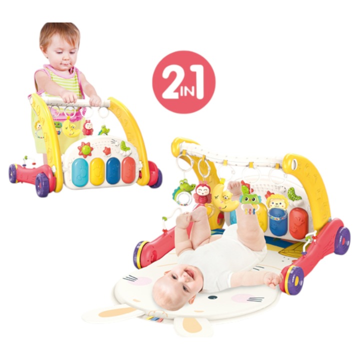 Centru de activitati 2 in 1 pentru Bebelusi - Antemergator & Saltea de Joaca cu Lumini si Sunete, Rosu