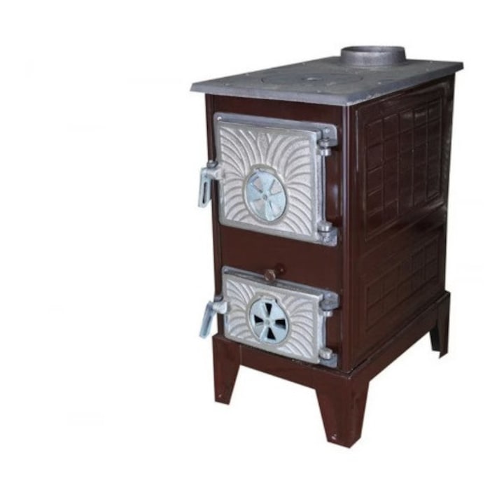 Soba tip godin cu plita si evacuare, fonta si otel, 60 cm inaltime, 45×30 cm, ardere eficienta, usa termorezistenta