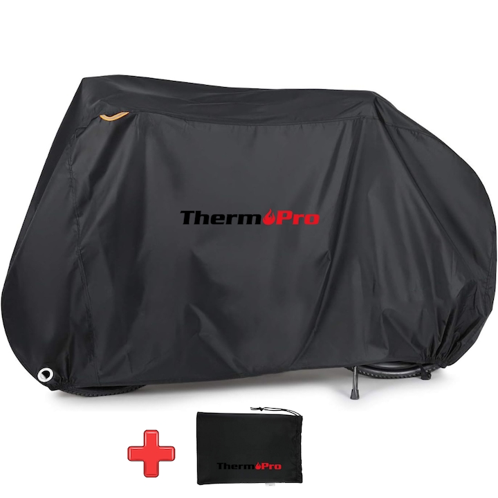 Калъф за велосипед ThermoPRO® BikeShield Pro, Премиум материал 210D Oxford, против вятър, покривало със светлоотразителни ленти, чанта за съхранение, 100% водоустойчив, UV защита, еластичен и катарами, до 29 инча, 195 x 105 x 70 см, черен