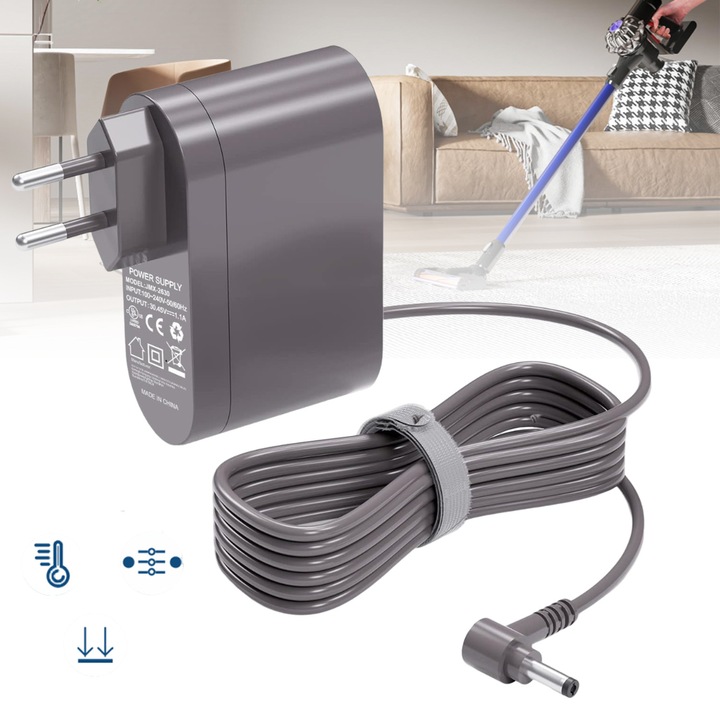 Incarcator aspirator pentru Dyson, 30.45V, Cablu 1.8m, Protectie impotriva supraincalzirii, Protectie la supracurent, Adaptor cu priza europeana, V10/V11/V15/SV12/SV14/SV15/SV20/SV22, Gri