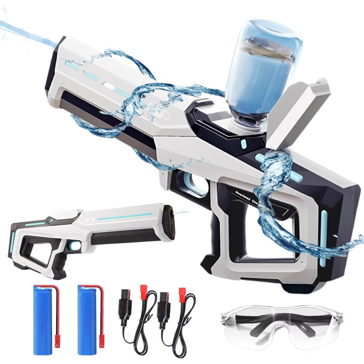 Pistol de apă electric Bedee, rezervor extensibil 300ml, 2 acumulatori 500mAh, alb, 43x19cm, set cu ochelari de protecție