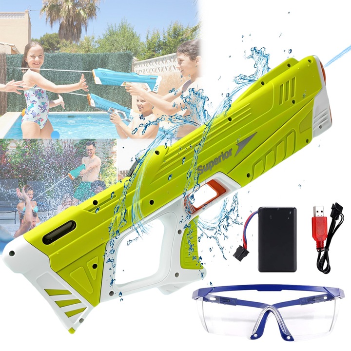 Pistol de Apa Electric, Bedee®, cu Jet Puternic, cu vibratii si efecte sonore, Absorbtie automata a apei, Purtarea ochelarilor de protectie, Raza 7.6 m, pentru Vara, Apa, Joaca Exterior, pentru Vara, Apa, Joaca Exterior, 500mAh, Galben