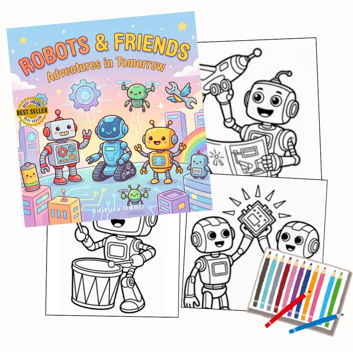 Carte de Colorat pentru Copii OBRO® Roboti din Viitor - 40 Ilustratii, Pagini Groase 21 x 21 cm