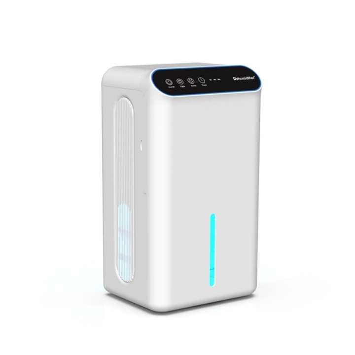 Dezumidificator, functionare silentioasa, capacitate de 2, 5 litri, functie de temporizare, control tactil/prin aplicatie, iluminare ambientala, purificare cu ioni negativi