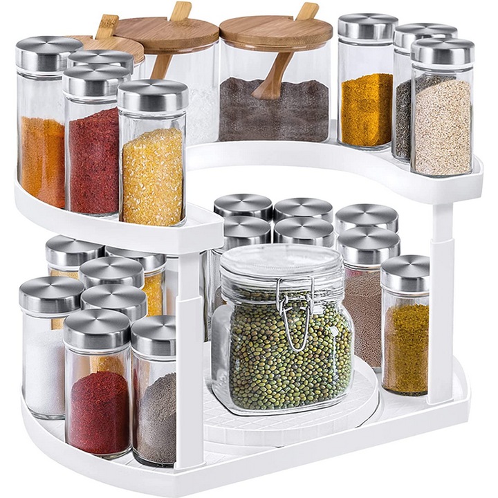 Органайзер за подправки, eBA Въртящ се, регулируем на 2 нива, 32.5 x 20 см, платформа 360°, устойчива пластмаса, бял