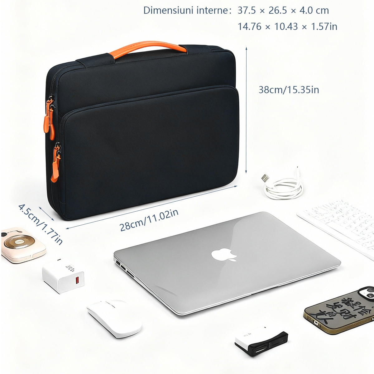 Ghiozdane protectoare rezistente la apa pentru laptopuri subtiri de 14 inch MacBook Pro M5/M4/M3/M2/M1 Pro/Max 2025 - 2021 si laptopuri Surface de 13.8 inch, ghiozdane cu maner portocaliu, buzunare pentru accesorii, design practic si elegant, pentru birou