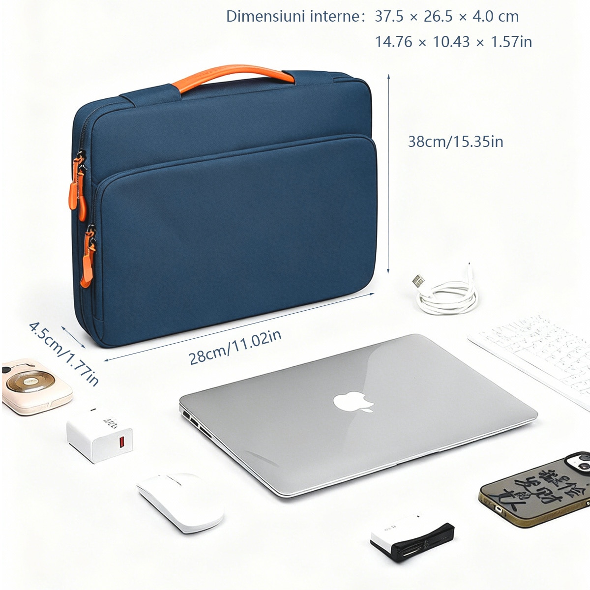 Ghiozdane protectoare rezistente la apa pentru laptopuri subtiri de 14 inch MacBook Pro M5/M4/M3/M2/M1 Pro/Max 2025 - 2021 si laptopuri Surface de 13.8 inch, ghiozdane cu maner portocaliu, buzunare pentru accesorii, pentru birou, scoala, calatorii, Albast