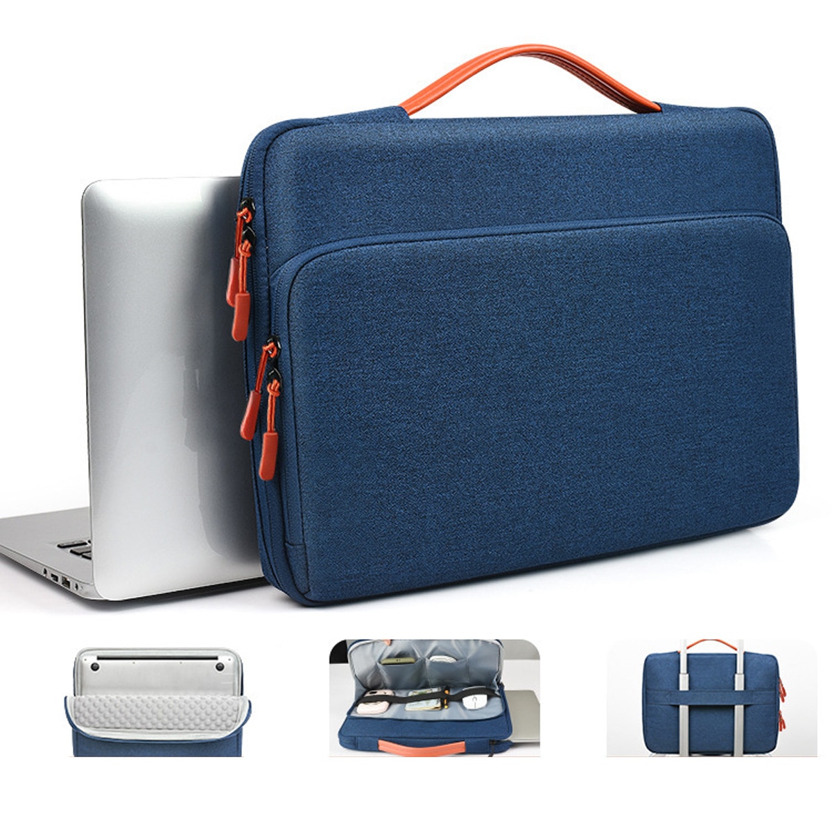 Ghiozdane protectoare rezistente la apa pentru laptopuri subtiri de 14 inch MacBook Pro M5/M4/M3/M2/M1 Pro/Max 2025 - 2021 si laptopuri Surface de 13.8 inch, ghiozdane cu maner portocaliu, buzunare pentru accesorii, pentru birou, scoala, calatorii, Albast