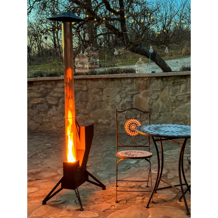 Soba exterior cu flacara verticala, tub din sticla termorezistenta 150 cm, otel 3 mm, incalzitor terasa peleti