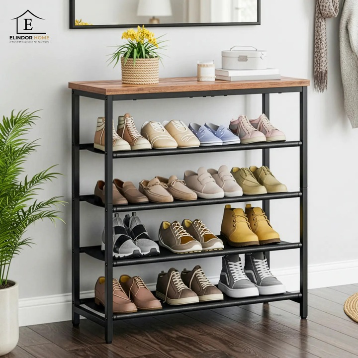 Elindor® Cipőrendszerező, 5 Szintes Nagy Cipőtartó, Fúrás Nélkül, Fém és MDF Tartó Papucsoknak, Előszoba Szekrény, Hálószoba, Helytakarékos, Cipőtároló, 75 x 30 x 90 cm, Fekete/Barna