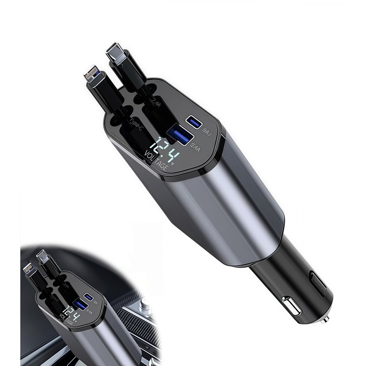 Incarcator auto DRAGO™ 120W, 4 in 1, cu cabluri retractabile Lightning si USB-C, porturi USB / USB-C, compatibil iPhone, Samsung, Android