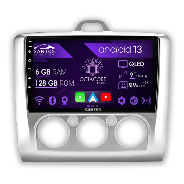 Navigatie Ford Focus 2 2004-2011 Clima Manuala, Android 13, 9 inch QLED, Octa Core 6GB RAM 128GB, Wireless CarPlay Android Auto, Slot Sim 4G, GPS, Waze