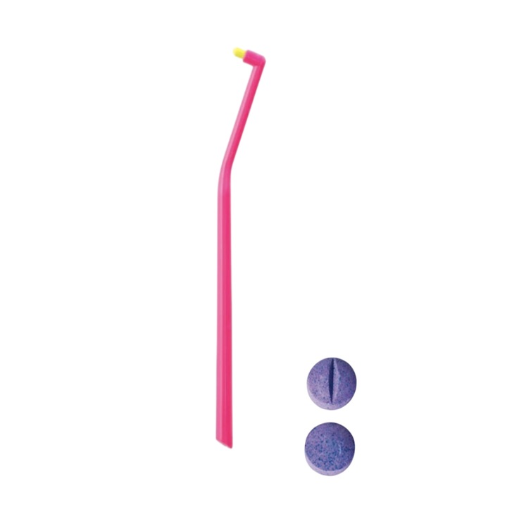 Periuta unidentara ortodontica Curaprox 1006, cu 2 tablete revelator de placa bacteriana, Roz