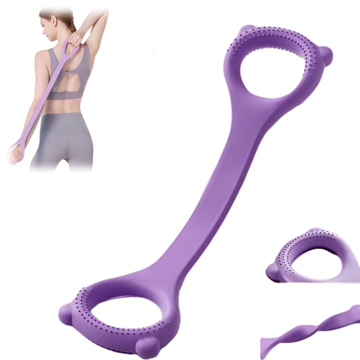 Banda elastica fitness tip 8 DRAGO™ 40LB, mov, pentru spate, umeri si brate, yoga, stretching si antrenament feminin, premium