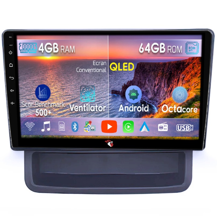 Dedikált navigáció Nissan Primastar 2001-2014, 4GB RAM 64GB ROM, Octacore, Android 14, QLED kijelző 9", DSP, Carplay&Android Auto, SIM 4G, Aktív ventilátor