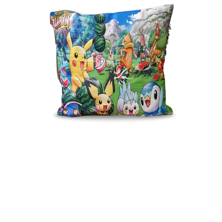 Gyerekpárna, 45x45 cm, rajzfilmfigurákkal, puha és kényelmes, Pikachu és barátai, ideális ajándék, karácsony