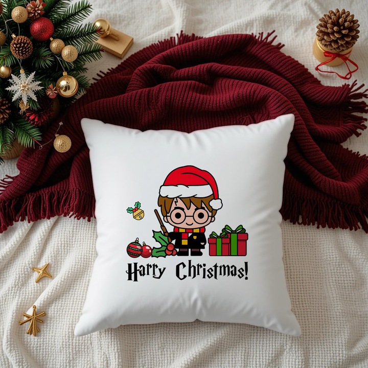 Harry Potter témájú karácsonyi párna "Harry Christmas" üzenettel, karácsonyi ajándék, 40x40 cm, levehető huzat