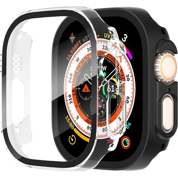 Set 2 Buc Husa Protectie 360 pentru Apple Watch Ultra 49mm, Negru + Transparent, Carcasa PC cu Sticla Securizata 9H
