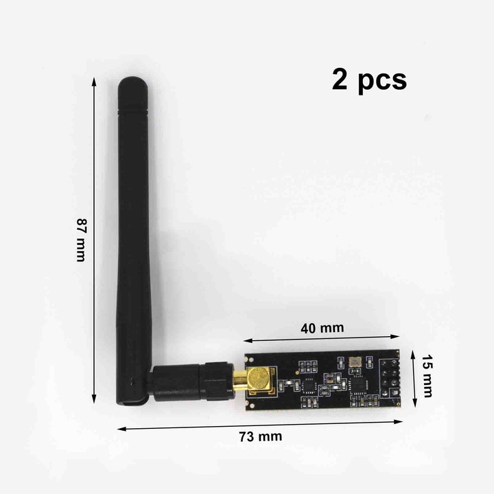 Set 2 modul radio, asskanaer, NRF24L01, PA, LNA, Cu amplificator de semnal si antena externa, 2.4GHz, Raza pana la 1100 metri, Viteza de transmisie 2 Mbps, interfata SPI, Pentru IoT si automatizari, Negru