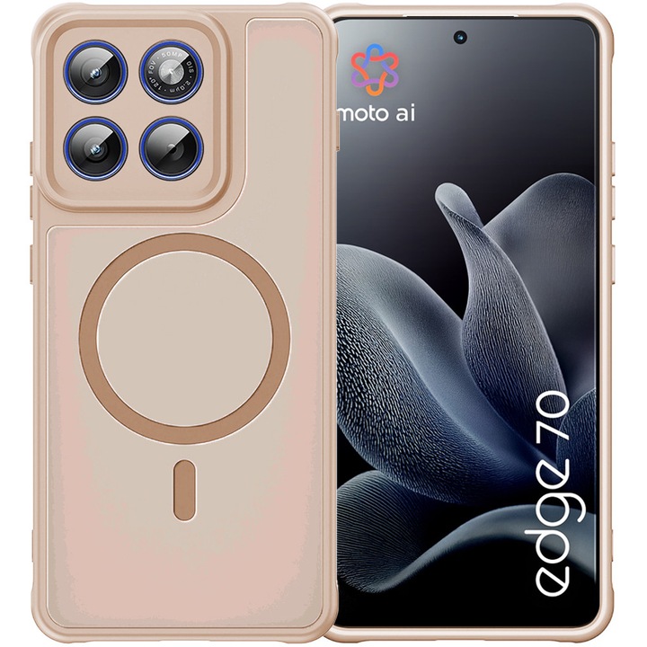 Husa cu magnet pentru Motorola Edge 70, Magnetic Defense Remastered, Policarbonat mat, Spate fumuriu, Colturi cu protectie antisoc, Atasare magnetica, Wireless charging, Bej
