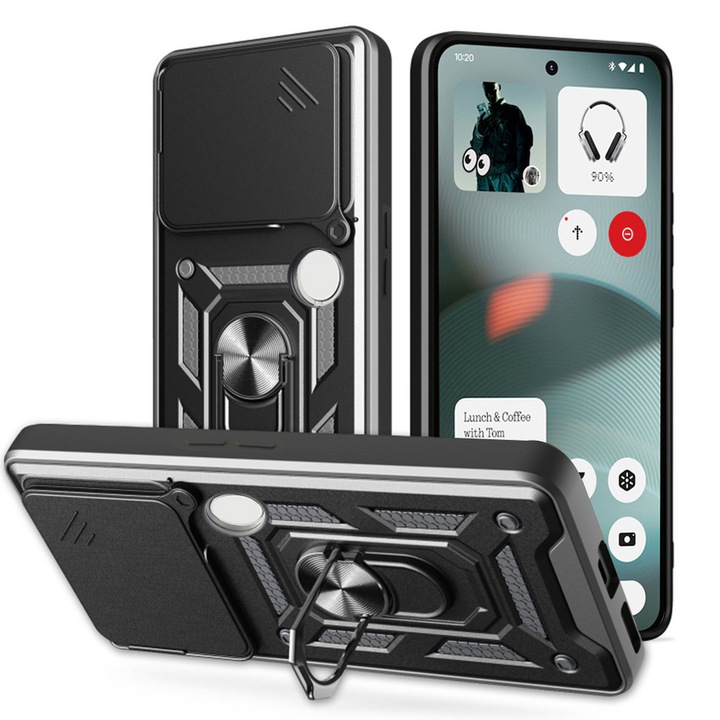 Husa Shutter Spate Armor Ring Lens Cover pentru Nothing Phone (3), Slide Mechanism, Functie Magnetica, Camshield Suportul Inel Rotativ 360°, Negru