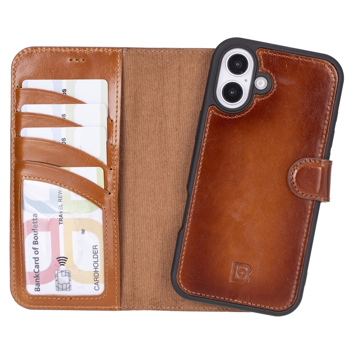 Калъф за iPhone 17, Bouletta Magic Wallet, съвместим с MagSafe, естествена кожа, 2 в 1 тип портфейл и заден капак, цвят Изгорял тен