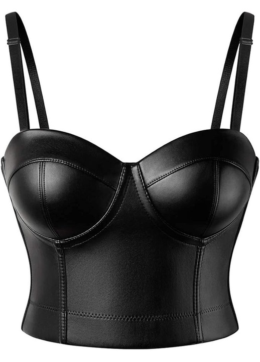 Bustiera Tip Corset Dama din Piele Ecologica, Crop Top cu Push-Up, Bretele Detasabile si Inchidere Reglabila, pentru Petreceri, Evenimente si Ocazii Speciale, Negru, Negru