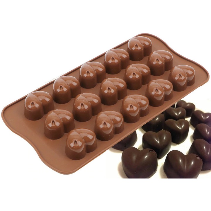 Szilikon forma csokoládéhoz, pralinékhoz, szívekhez, illatos viaszokhoz diffúzorokhoz, szappanokhoz, gyantához, kézzel készített csokoládéhoz, tartós, rugalmas, újrafelhasználható, magas hőmérsékletnek ellenálló, 15 szív, méret 21x10,5 cm