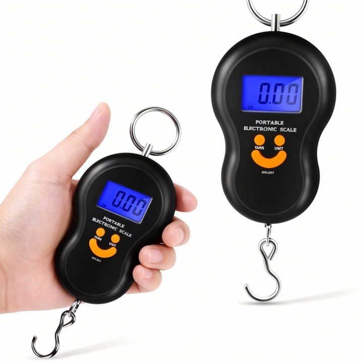 Cantar electronic de mana tip carlig 50 kg, Dispozitiv portabil pentru bagaje si pescuit, Ecran LCD iluminat, Functie tara si oprire automata, Negru