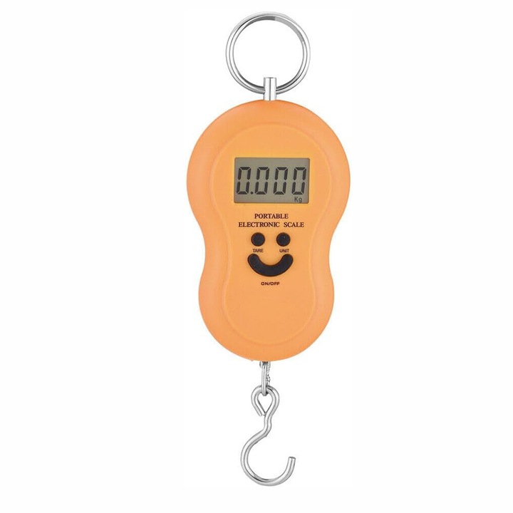 Cantar electronic de mana cu carlig, BOMSTOM, 50Kg x 10g, ecran LCD, culoare portocalie