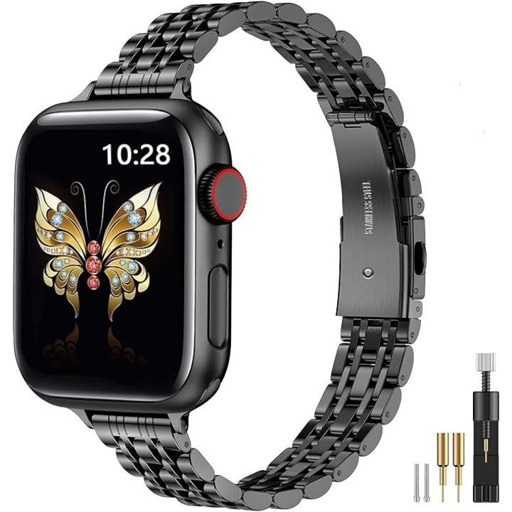 Curea Ceas Pentru Femei, Compatibila Apple Watch Seria 1–9, SE, Ultra/Ultra 2, 42–49 mm – Bratara Metalica Eleganta din Otel Inoxidabil, Neagra, Reglabila + Dispozitiv Reglare
