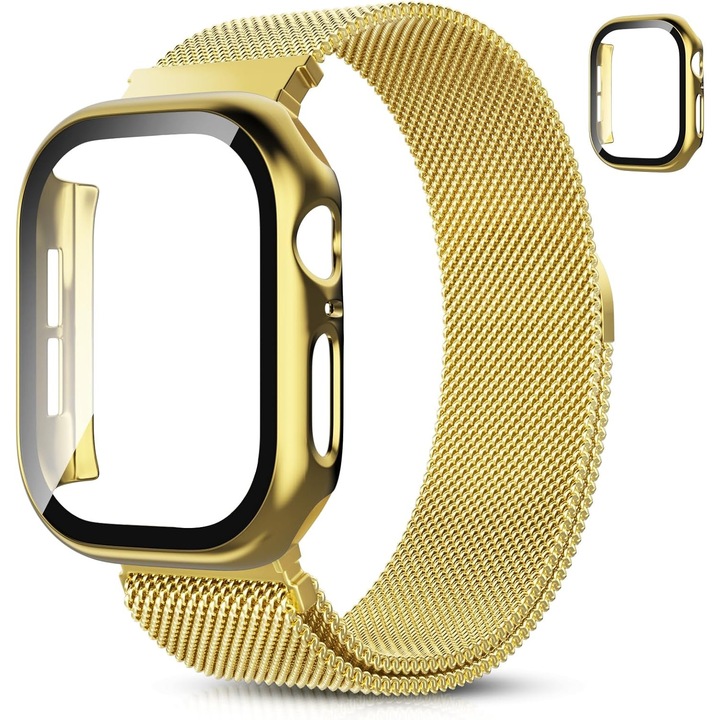 Curea magnetica Hexasider cu carcasa de protectie pentru Apple Watch 40mm-Series 6/5/4/SE1/SE2/SE3 – bratara tip Milanese din otel inoxidabil, set curea + husa, Gold
