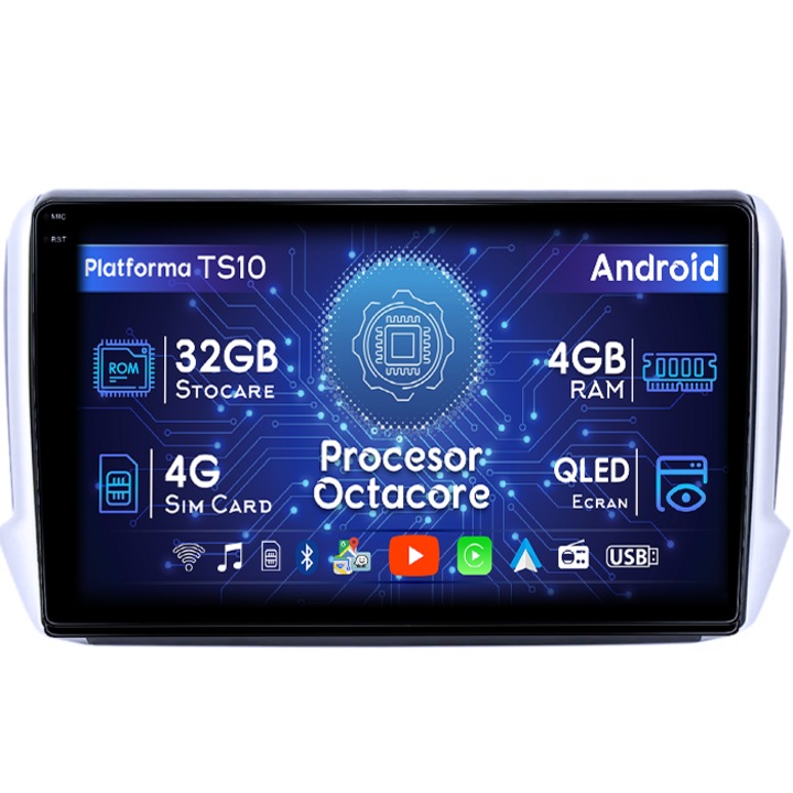 Navigatie dedicata Peugeot 208, 4GB RAM 32GB ROM, Octacore, Android 14, Display QLED 1K 10", DSP, Carplay&Android Auto, SIM 4G, Bluetooth, Ventilator Activ