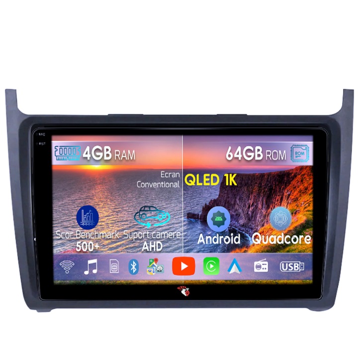 Navigatie dedicata Volkswagen Polo Golf Passat, 4GB RAM 64GB ROM, Octacore, Android 14, Display QLED 1K 9", DSP, Carplay, Android Auto, Internet, Youtube, Waze, WIFI, Bluetooth