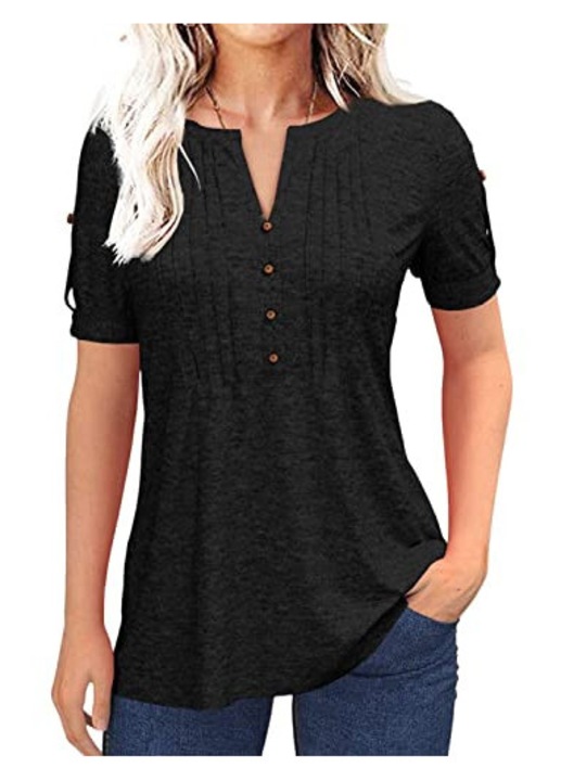 Tricou casual , guler V, pliuri（10024）, Negru