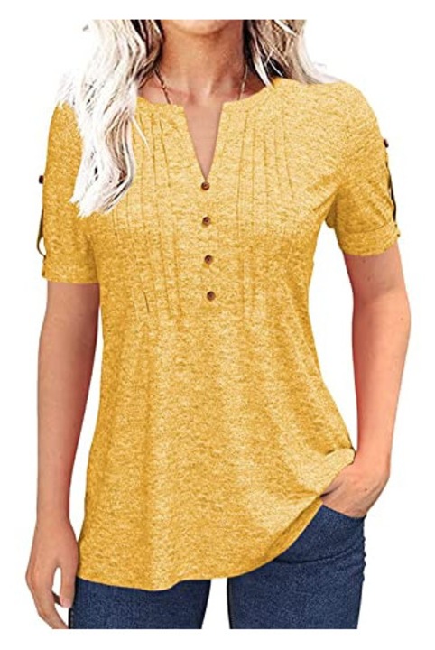 Tricou casual , guler V, pliuri（10024）, Galben