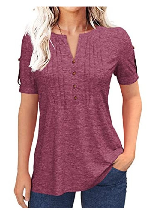 Tricou casual , guler V, pliuri（10024）, Rosu