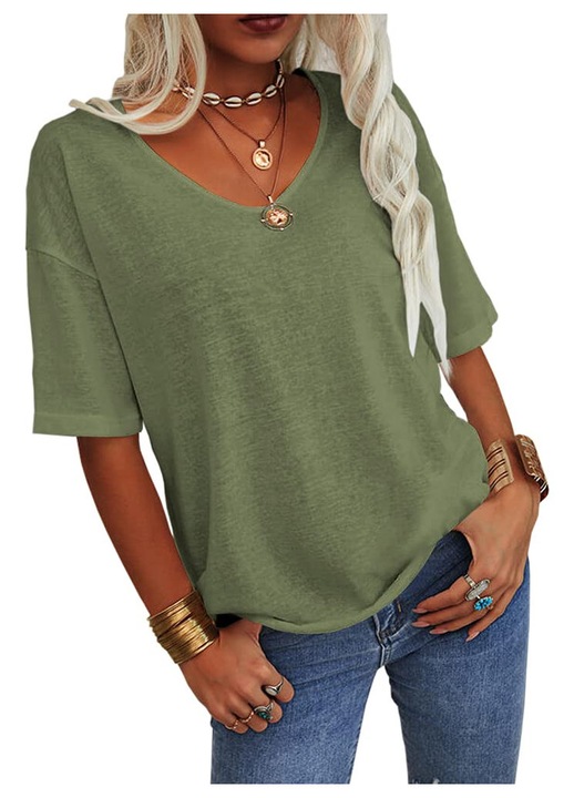 Tricou oversized , guler V, maneca jumatate（10036）, Kaki inchis