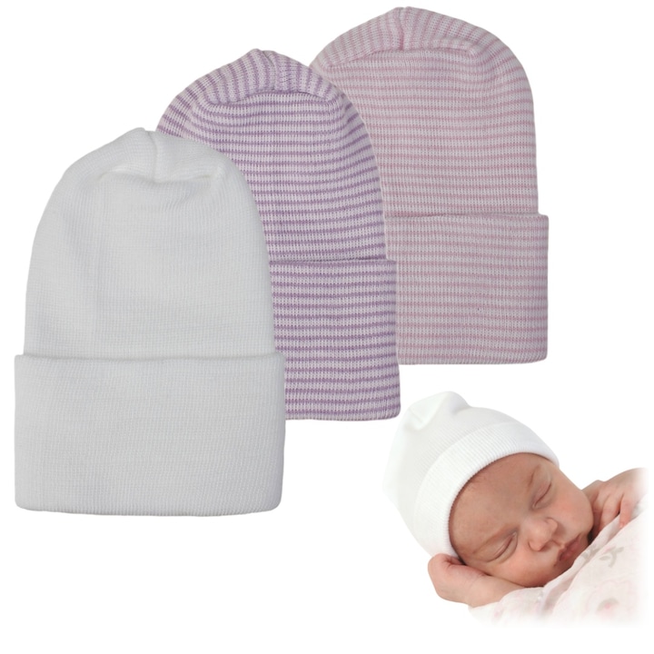 Sepci Spital Nou-nascuti 0-6 Luni, Set 3 Bucati ， Culori Multiple (Alb, Roz, Mov), Moale