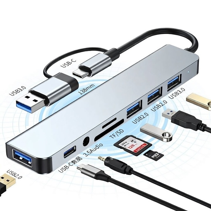 Hub USB-C 11 in 1 cu HDMI 4K, 3.5mm Audio, USB 3.0/2.0, PD 100W, Cititor SD/TF – Aluminiu Ultra-Slim, Compatibil MacBook, Laptop, Tablet