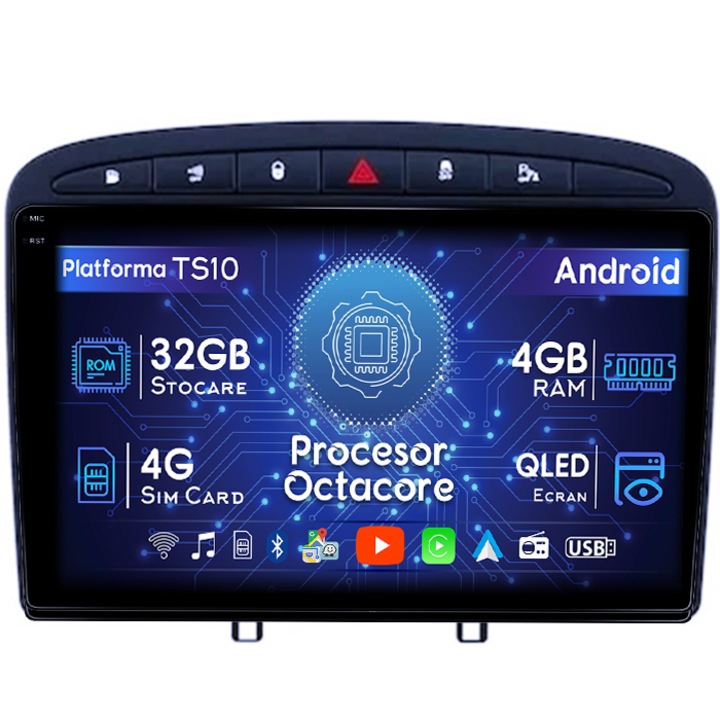 Navigatie dedicata Peugeot 408 2008-2020, black, 4GB RAM 32GB ROM, Octacore, Android 14, Display QLED 1K 9", DSP, Carplay&Android Auto, SIM 4G, Bluetooth, Ventilator Activ