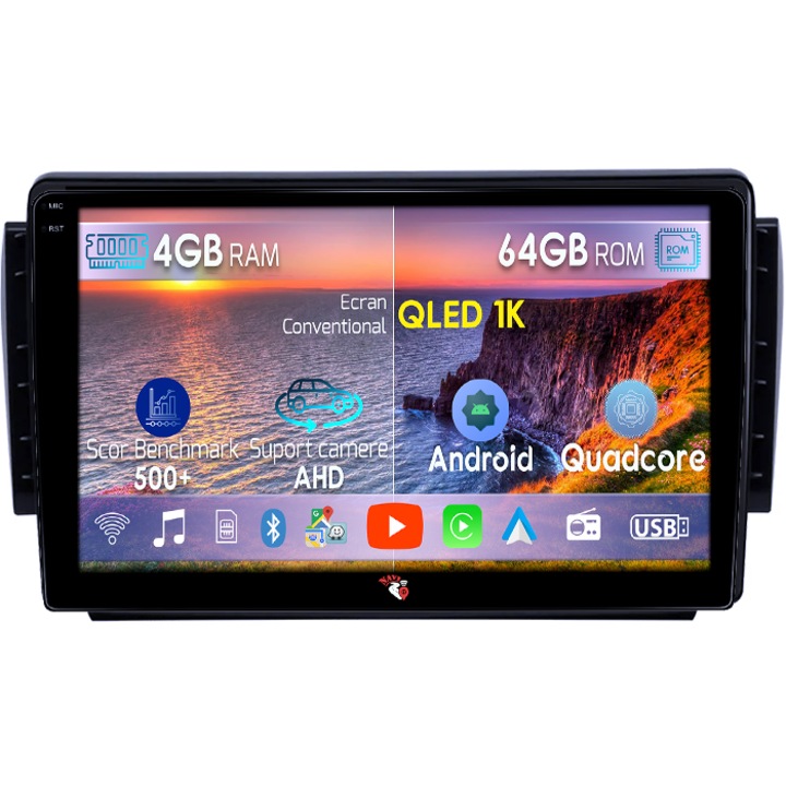 Navigatie dedicata Peugeot 2008 2015+, 4GB RAM 64GB ROM, Octacore, Android 14, Display QLED 1K 9", Carplay&Android Auto, SIM 4G, Ventilator Activ