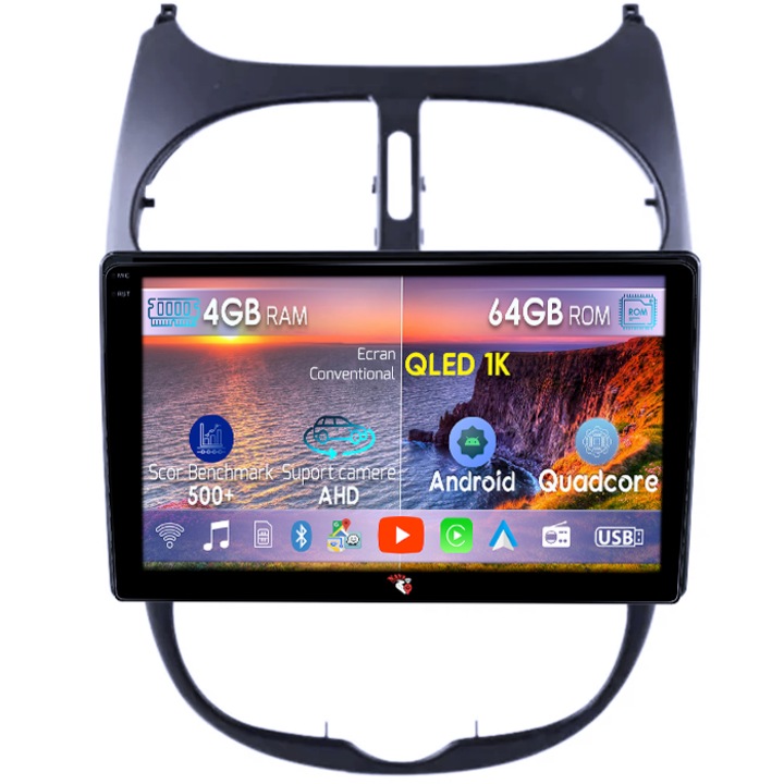 Navigatie dedicata Peugeot 206 2004-2008, 4GB RAM 64GB ROM, Octacore, Android 14, Display QLED 1K 9", Carplay&Android Auto, SIM 4G, Ventilator Activ