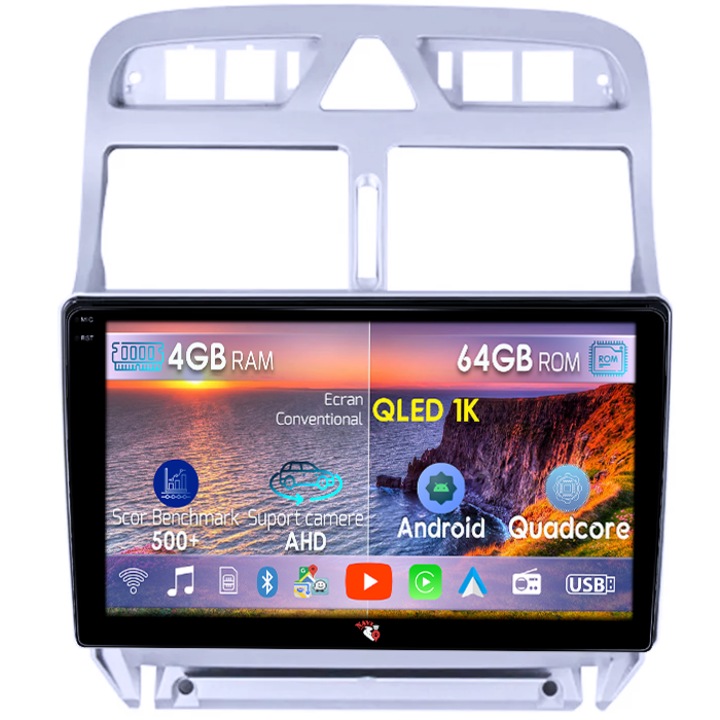 Navigatie dedicata Peugeot 307 2000-2013, 4GB RAM 64GB ROM, Octacore, Android 14, Display QLED 1K 9", Carplay&Android Auto, SIM 4G, Ventilator Activ