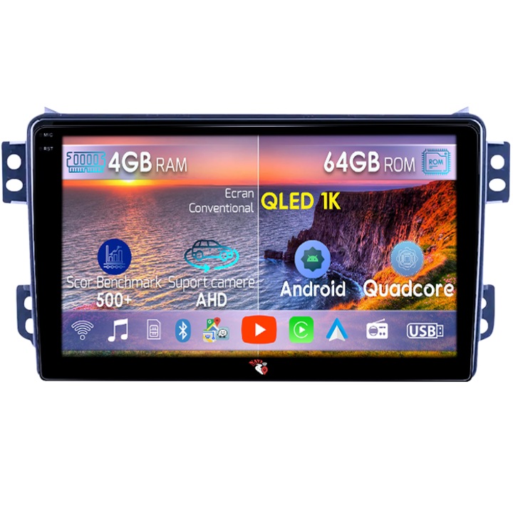 Dedikált navigáció Opel Agila 2007-2014/Suzuki Splash, 4GB RAM 64GB ROM, Octacore, Android 14, QLED 1K 9" kijelző, Carplay&Android Auto, SIM 4G, Aktív ventilátor