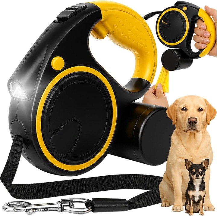 Lesa automata pentru caini 10-25 kg, 5 metri lungime, Sistem retractabil cu lanterna LED si dispenser pungi, Oprire rapida, Maner ergonomic, negru/galben